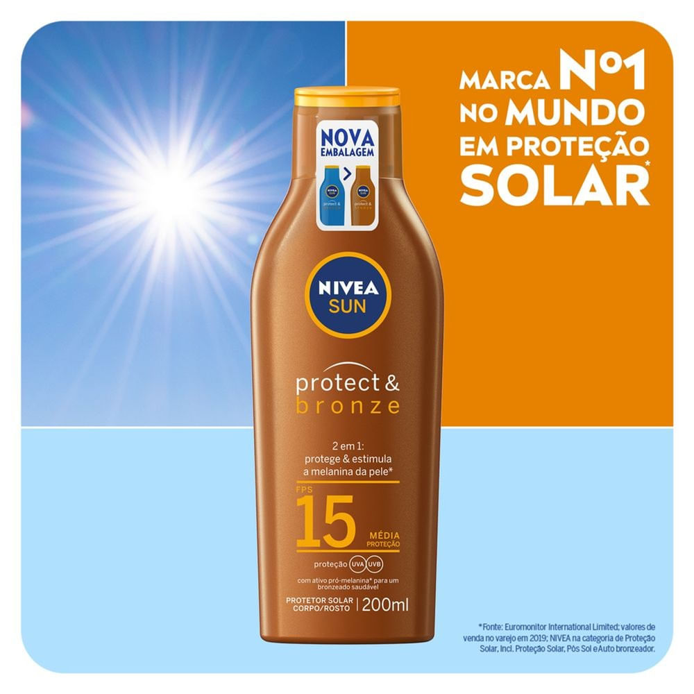 Imagem promocional NIVEA SUN Protect & Bronze FPS15 mostrando embalagem e benefícios