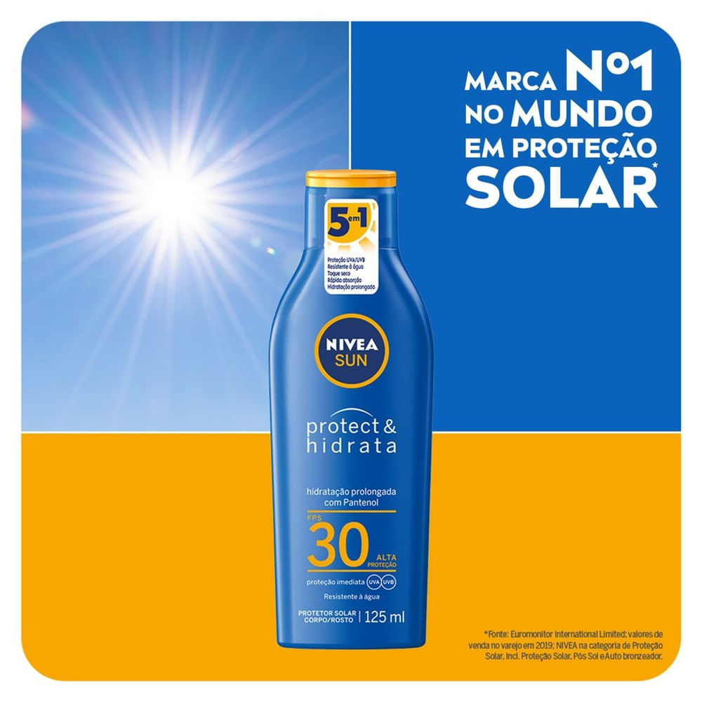 Imagem promocional Nivea Sun Protect & Hidrata FPS30 com selo 5 em 1