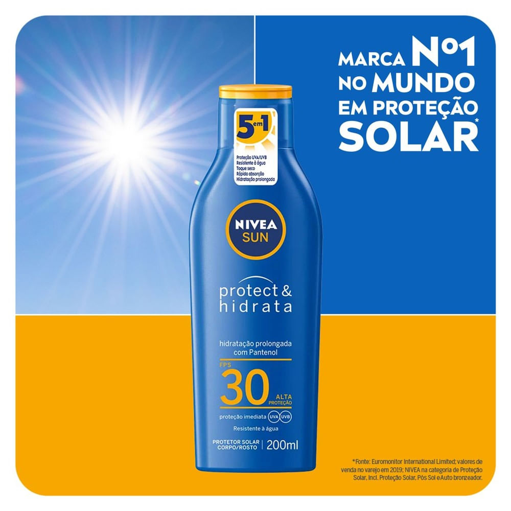 Protetor Solar Nivea Sun FPS30 200ml em destaque com texto promocional