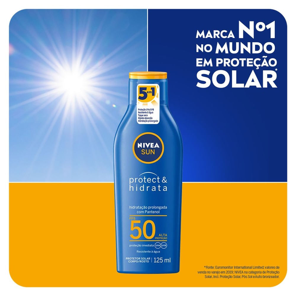 Protetor solar Nivea Sun Protect & Hidrata FPS50 125 ml em embalagem azul e tampa amarela
