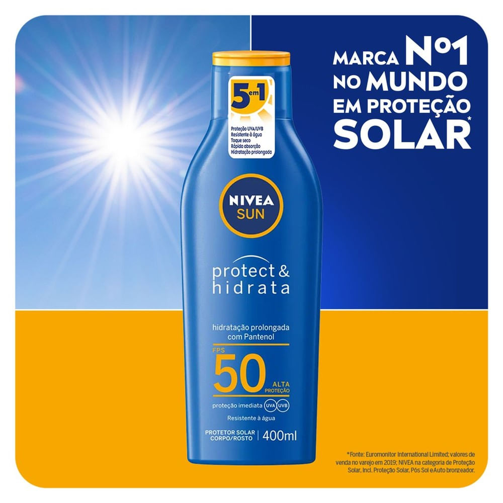 Protetor Solar Nivea Sun Protect & Hidrata FPS50 destaque embalagem e selo 5 em 1