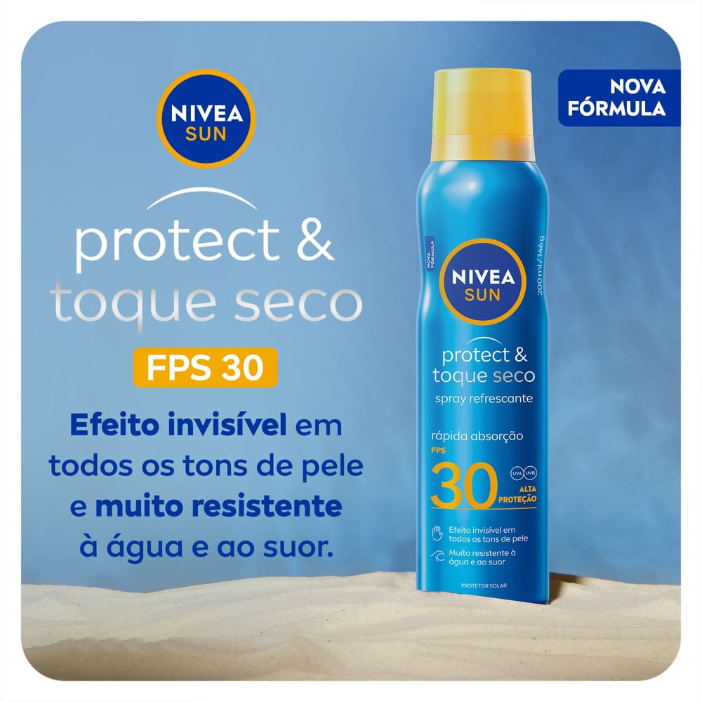 Protetor Solar NIVEA SUN FPS30 com fundo azul e destaque para toque seco
