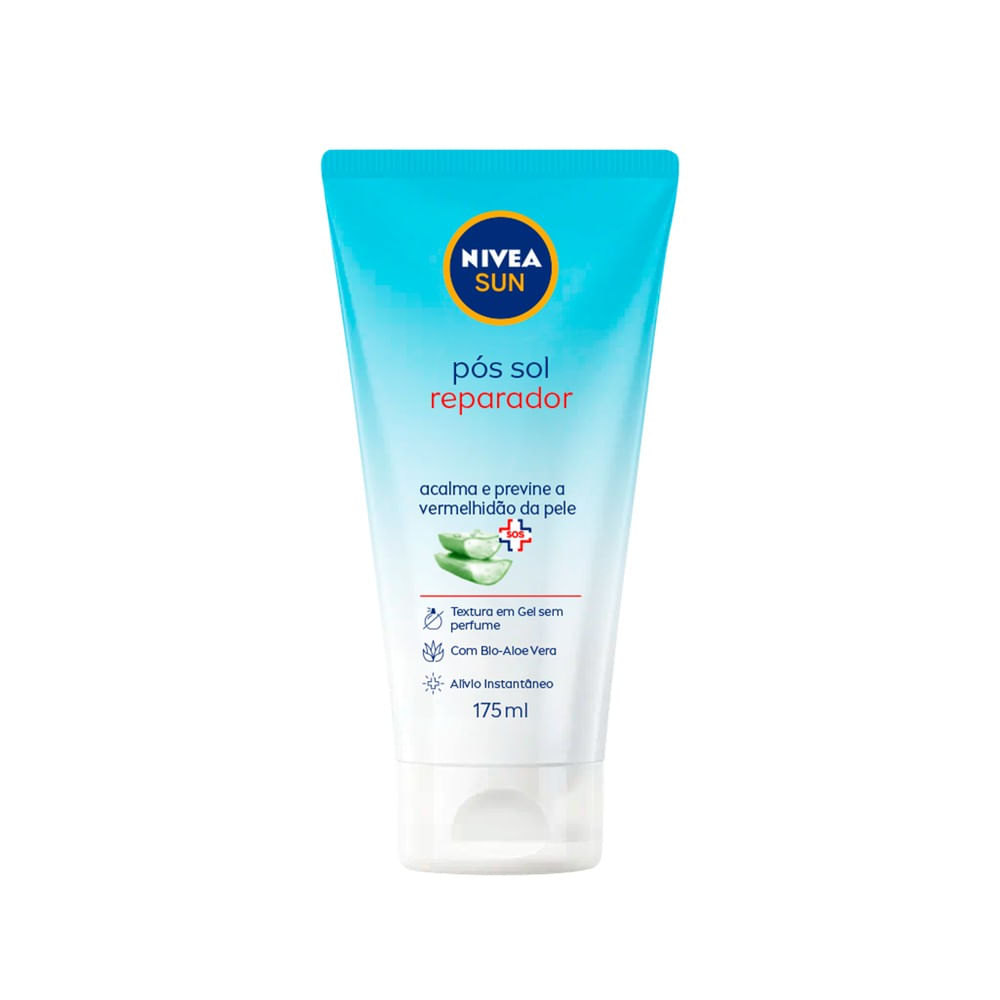 Frente da embalagem do Gel Corporal Nivea Sun Pós Sol Reparador 175ml
