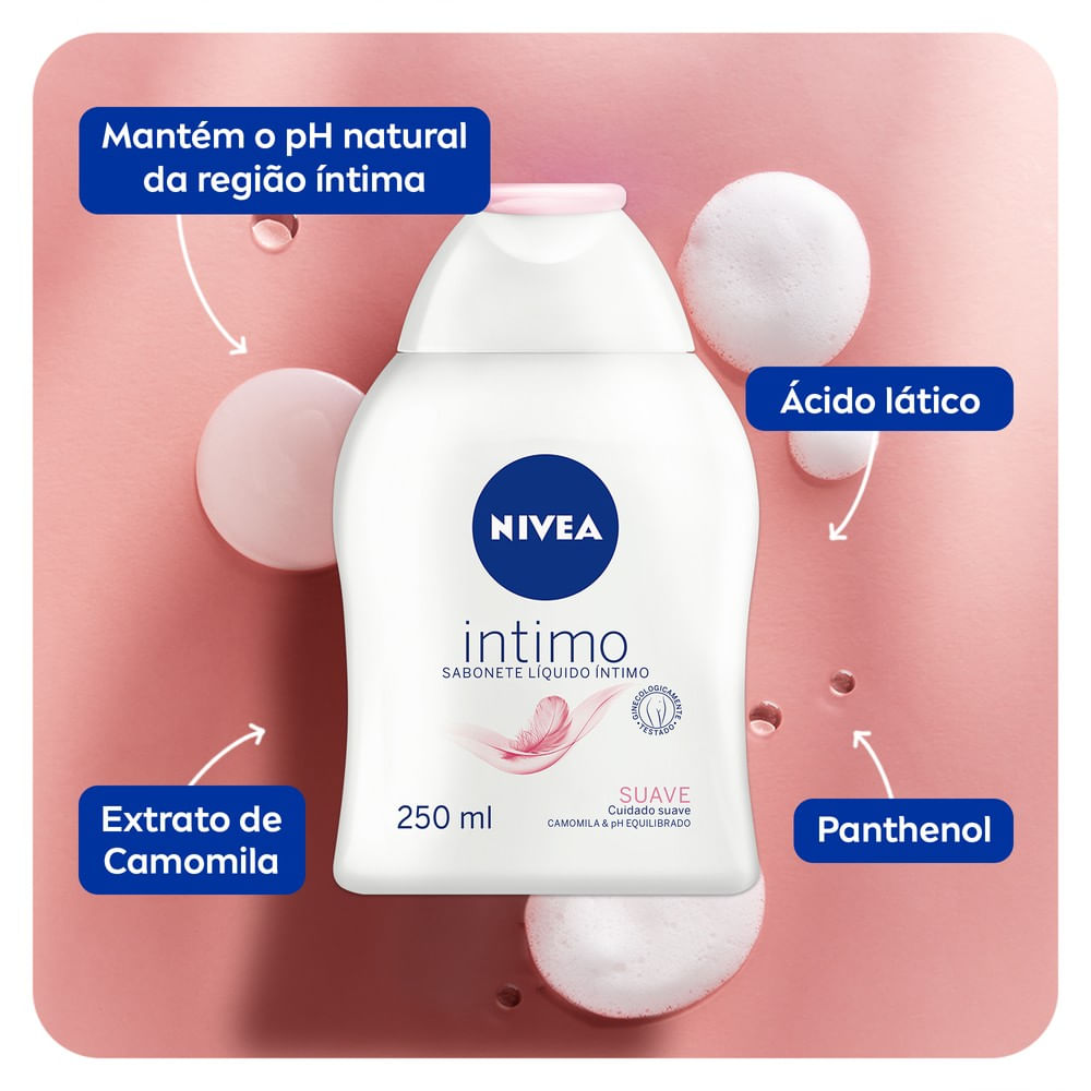 Imagem do Sabonete Líquido Nivea Íntimo Suave 250ml destacando ingredientes e benefícios