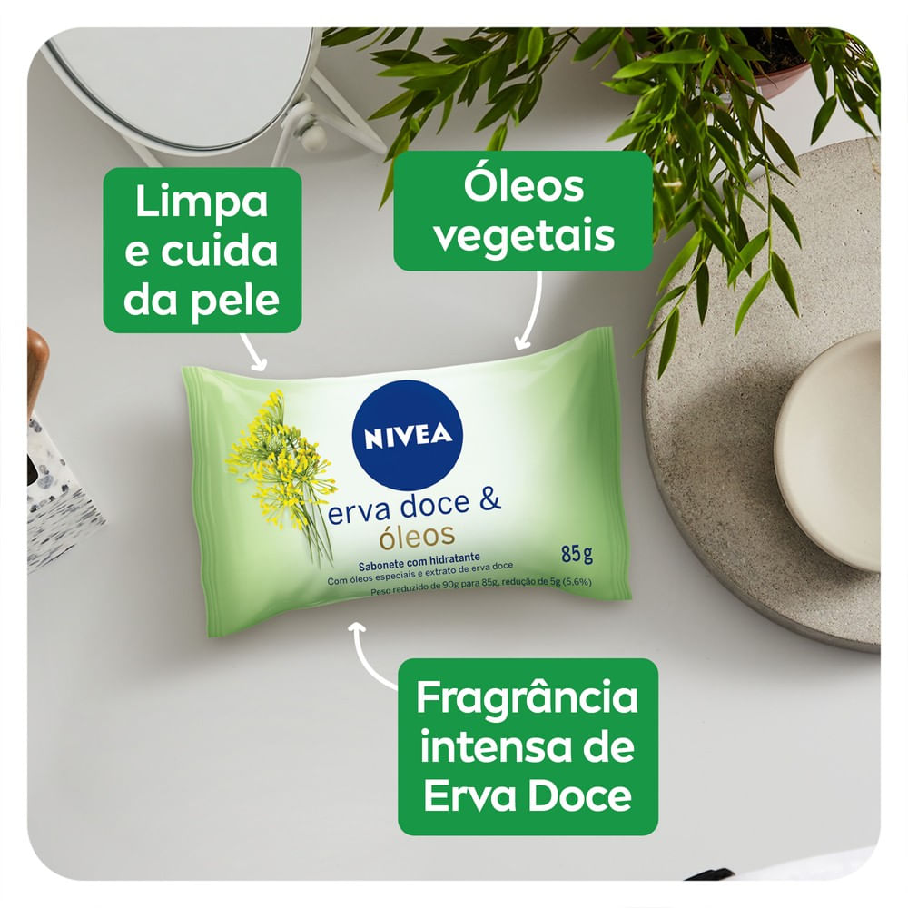 Sabonete NIVEA Erva Doce & Óleos 85g em bancada com elementos naturais