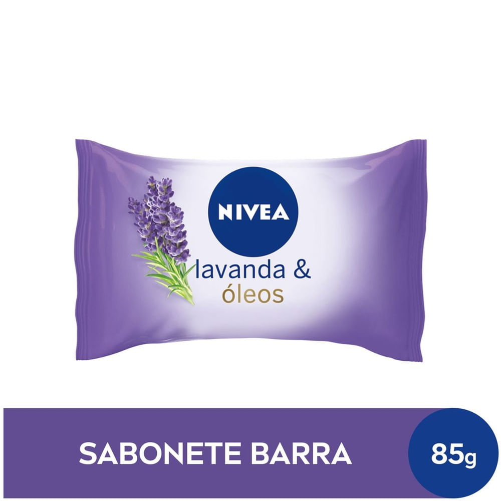 Embalagem do Sabonete Nivea Lavanda & Óleos 85g em fundo branco com ramo de lavanda