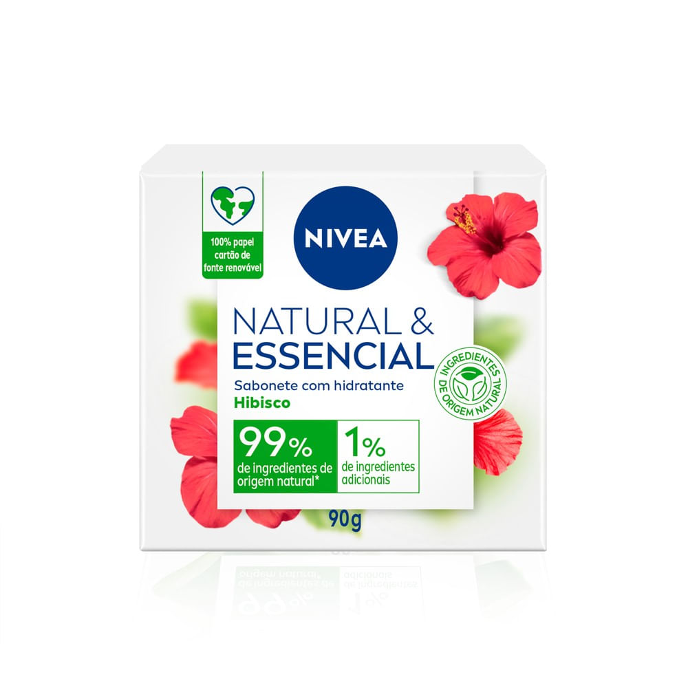 Frontal do sabonete Nivea Natural & Essencial Hibisco 90g com selo de ingredientes naturais