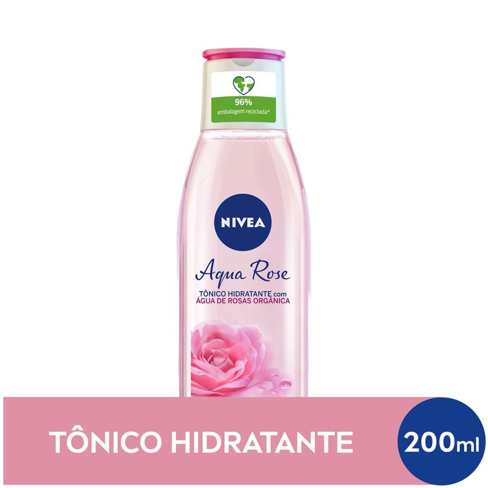 Frontal do Tônico Hidratante Nivea Aqua Rose Suave 200ml, garrafa transparente com líquido rosado