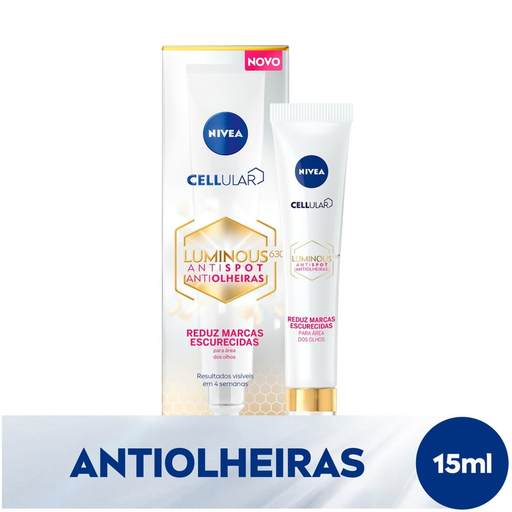 Creme contorno dos olhos Nivea Cellular Luminous 630 Antiolheiras 15ml embalagem branca com detalhes em azul e dourado
