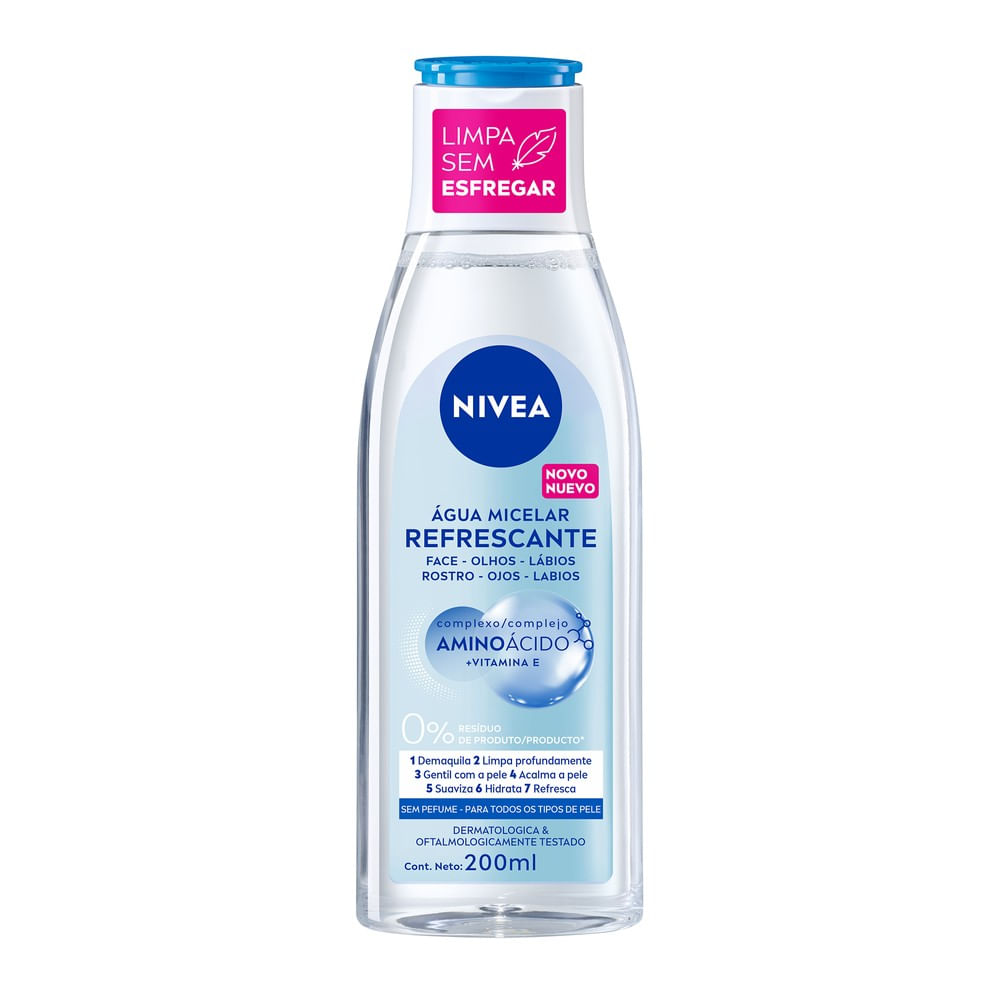 Frasco transparente com tampa azul contendo Água Micelar NIVEA 200ml, rótulo com benefícios 7 em 1