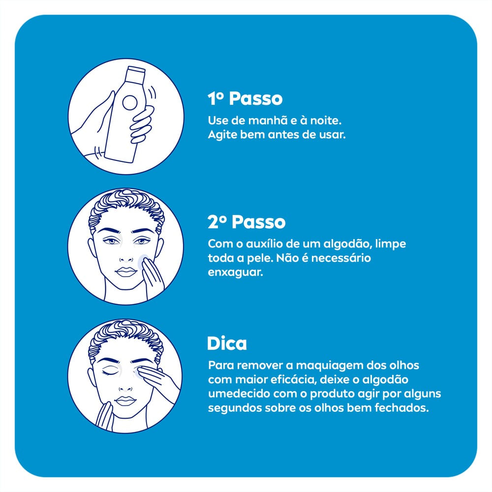Instruções de uso e ícones ilustrativos da Água Micelar NIVEA 200ml
