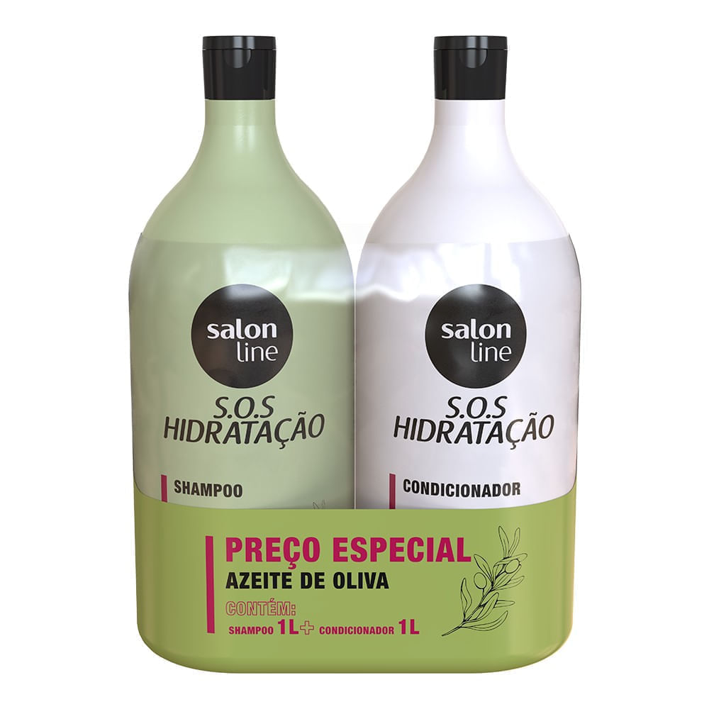 Detalhe frontal do kit Salon Line S.O.S Hidratação com rótulos e indicação de azeite de oliva