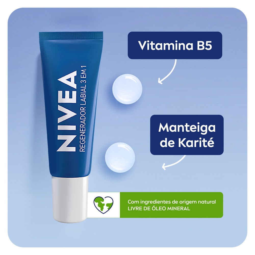 Embalagem do Hidratante Labial Nivea Regenerador 3 em 1 sobre fundo azul claro