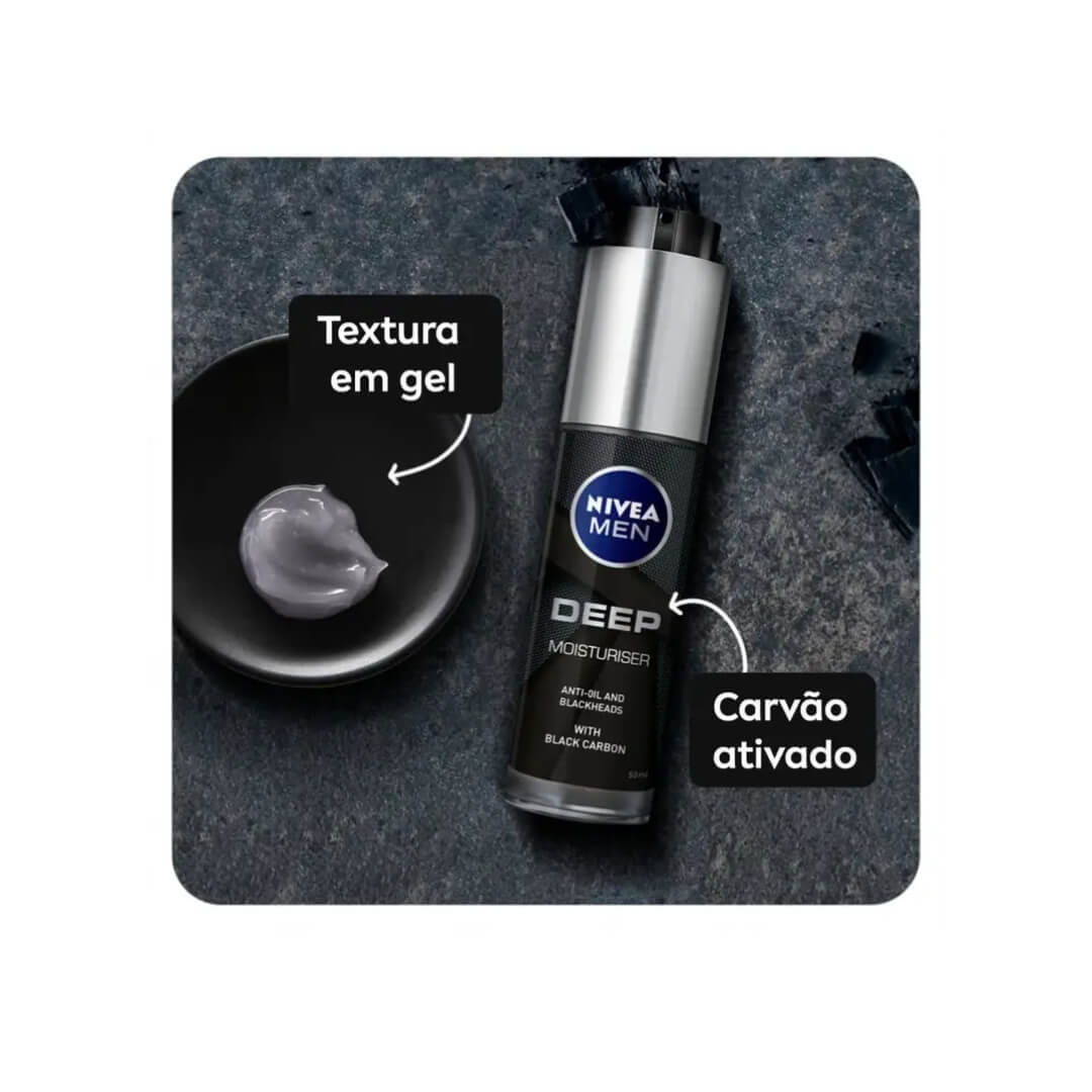 Frasco do hidratante e textura em gel cinza com pedaços de carvão