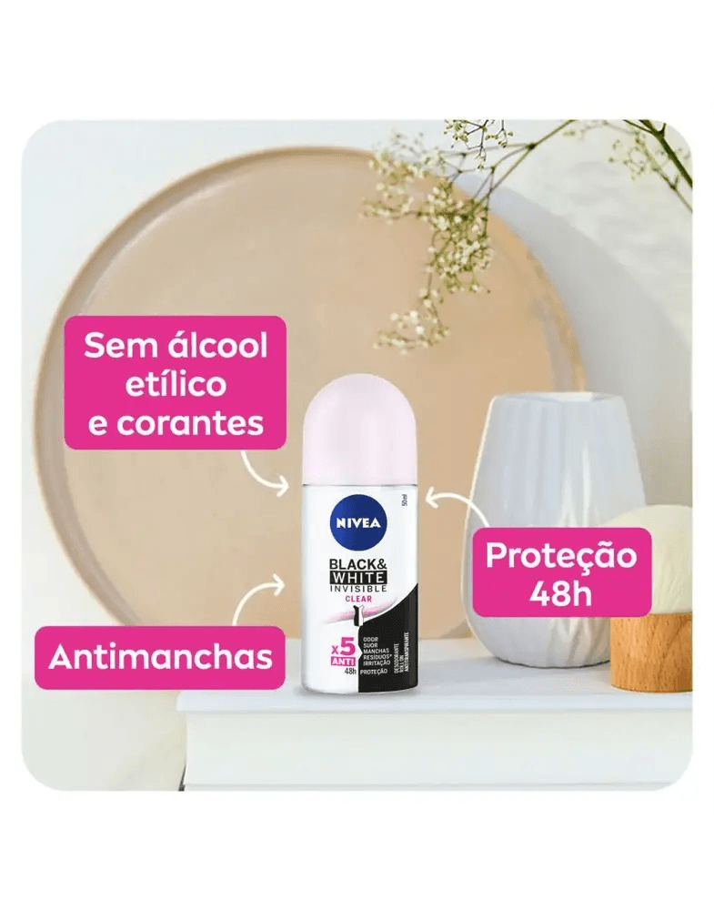 Frasco do desodorante NIVEA com destaques sobre proteção 48h e antimanchas