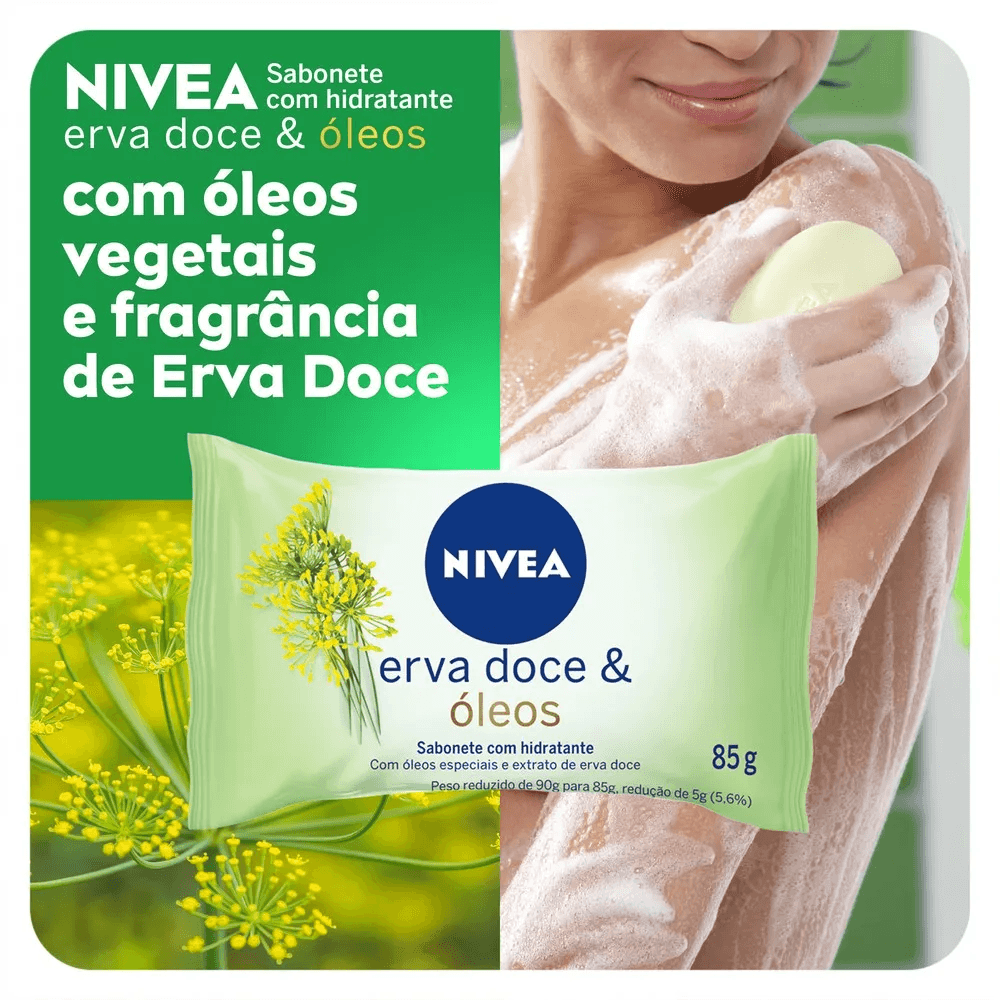Sabonete NIVEA Erva Doce & Óleos com destaque para ingredientes hidratantes e aplicação
