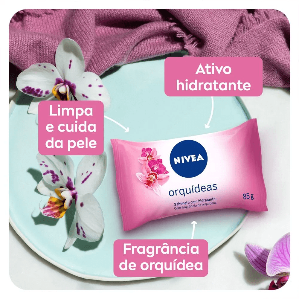 Sabonete Nivea Orquídea com espuma e fragrância em destaque