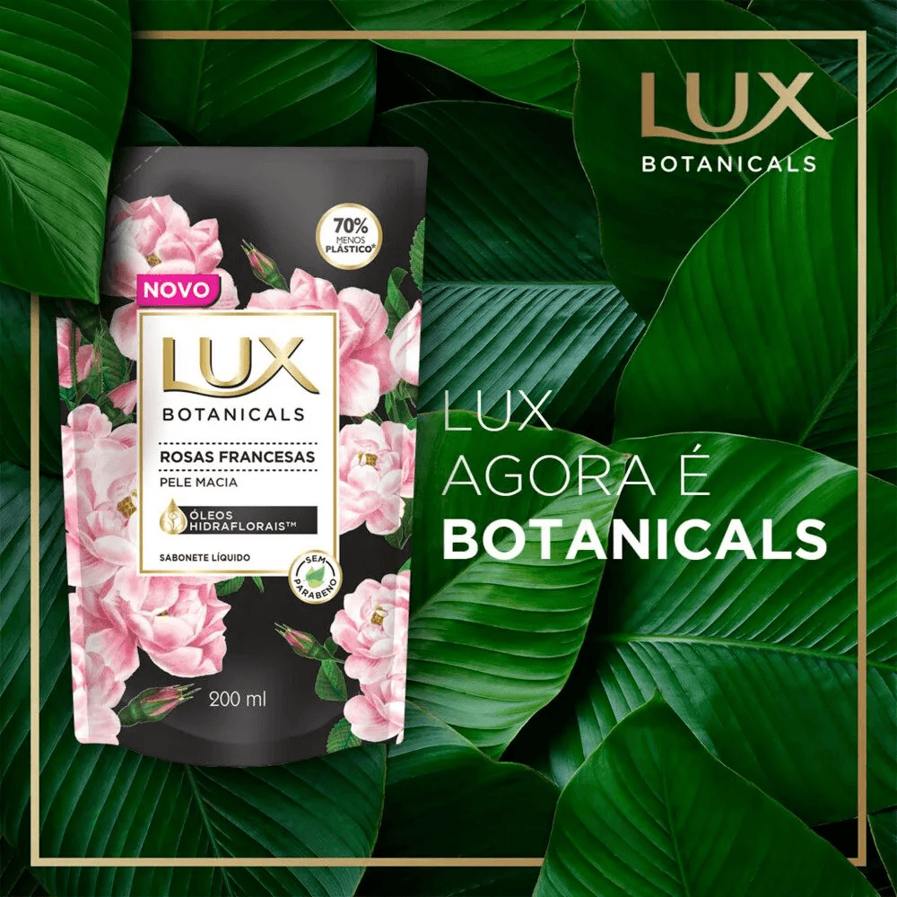 Refil Sabonete Líquido Lux Rosas Francesas 200ml com destaque para selo 70% menos plástico