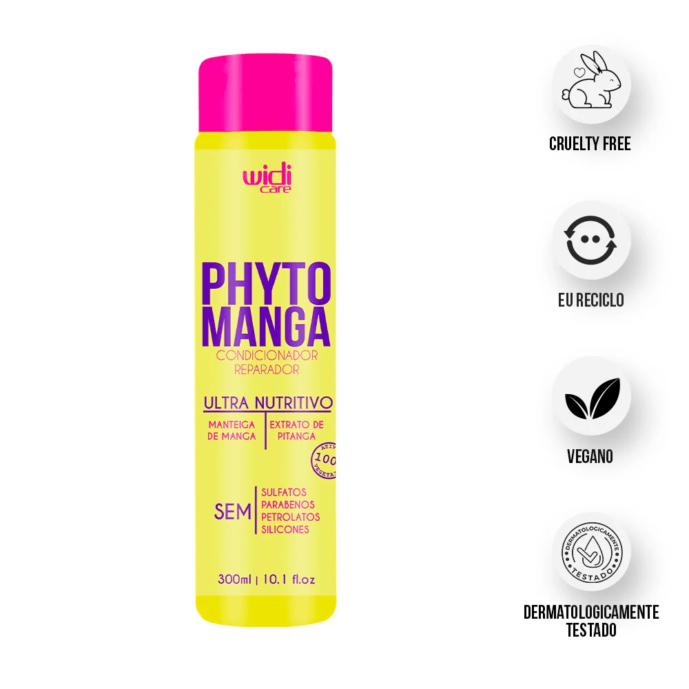 Frasco frontal do condicionador Phytomanga com selos vegano, cruelty free e livre de sulfatos