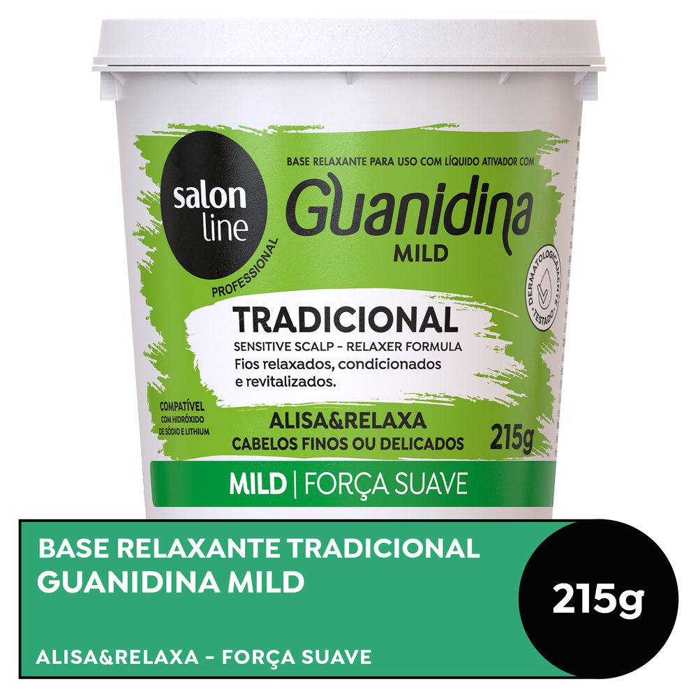 Creme Relaxante Guanidina Mild Salon Line 215g - embalagem branca com rótulo verde