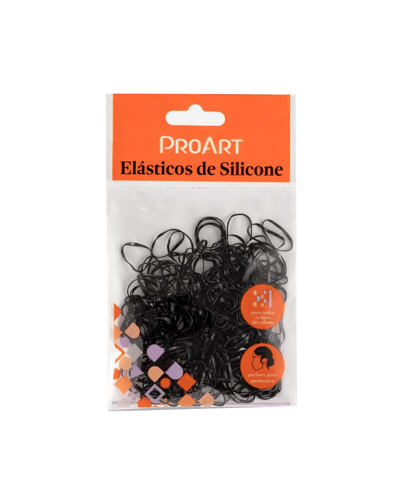 Pacote de elásticos de silicone ProArt P preto 200 unidades, embalagem transparente com topo laranja