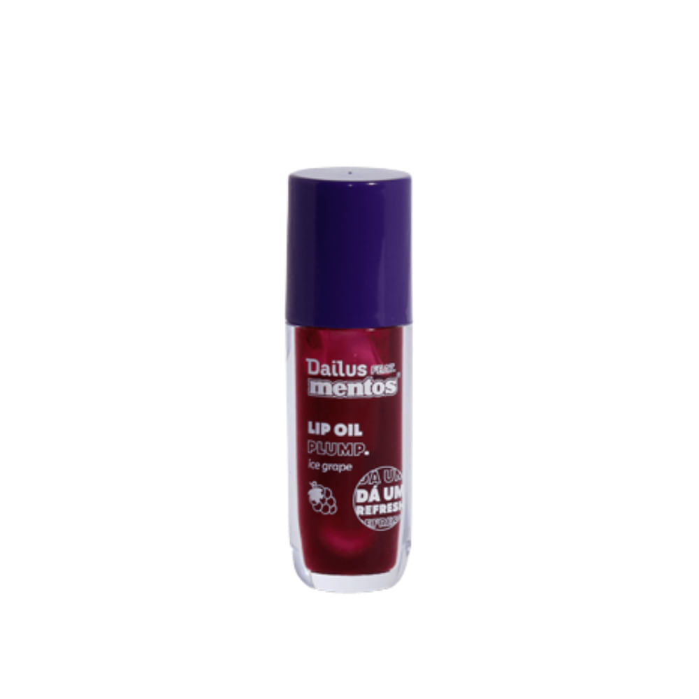 Lip Oil Plump Dailus Mentos Ice Grape - frasco cilíndrico com líquido vermelho e tampa roxa
