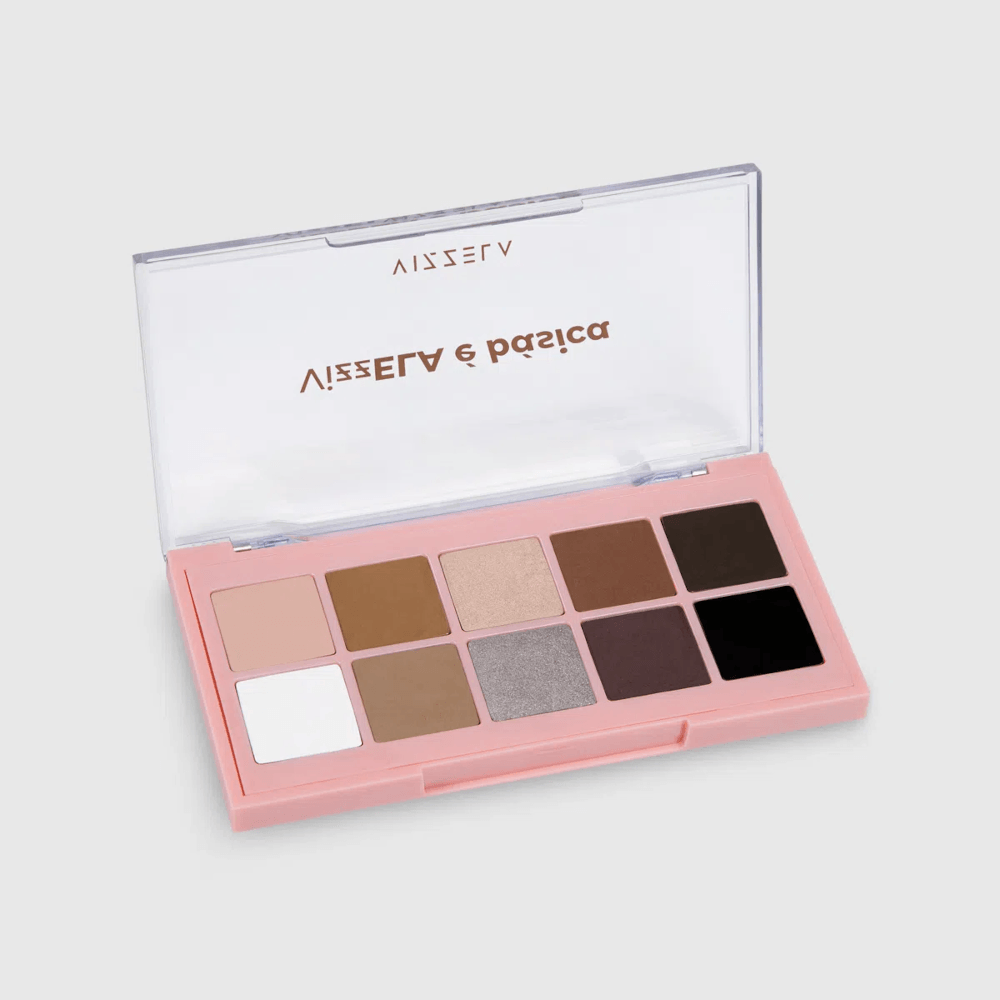 Paleta aberta em fundo cinza claro mostrando 10 sombras neutras