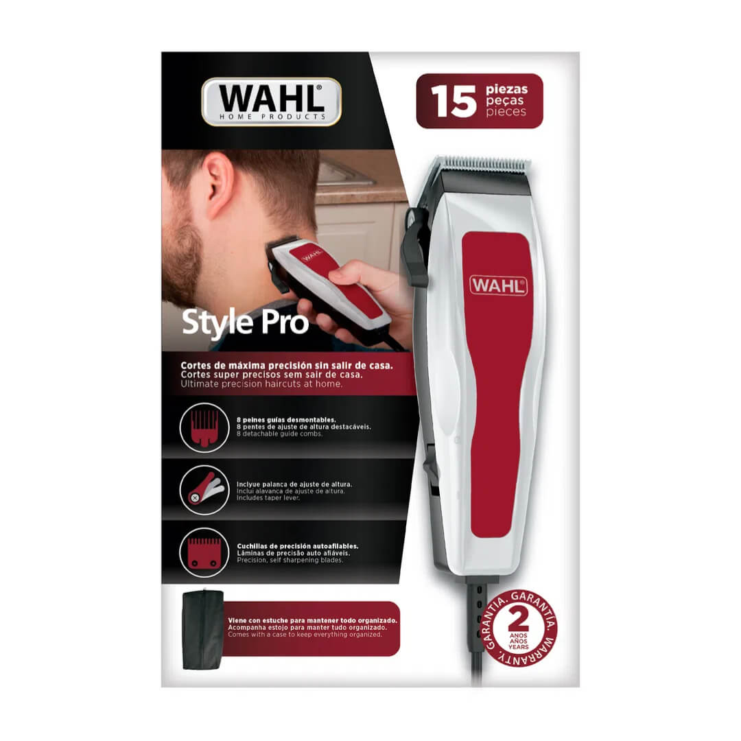 Embalagem e conteúdo do kit Wahl Style Pro 127V com informações e selo de garantia