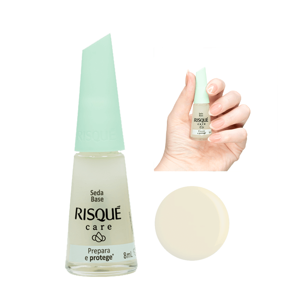 Frasco de Base Seda Risqué Care 8 mL com tampa verde claro e corpo de vidro transparente