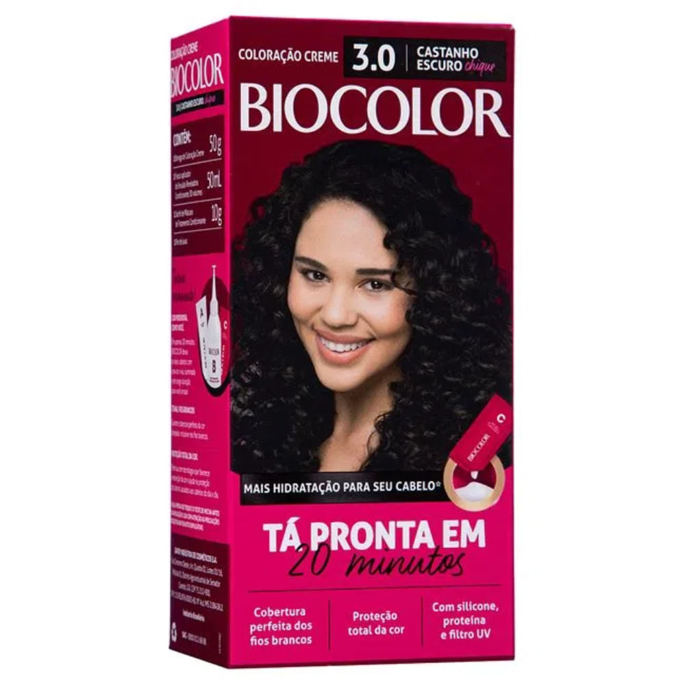 Embalagem Biocolor Mini Kit Castanho Escuro Chic 3.0 com imagem de mulher de cabelos castanhos escuros