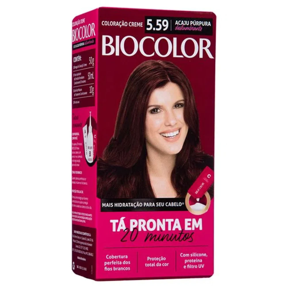 Embalagem do Mini Kit Biocolor Acaju Púrpura 5.59 com imagem do produto e amostra da cor