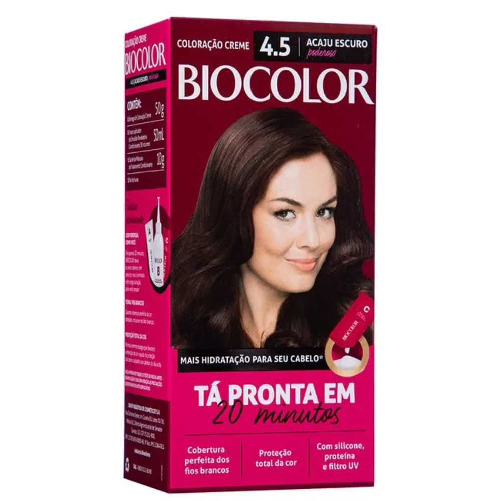 Embalagem da coloração Biocolor 4.5 Acaju Escuro Poderoso com imagem de cabelo castanho escuro brilhante