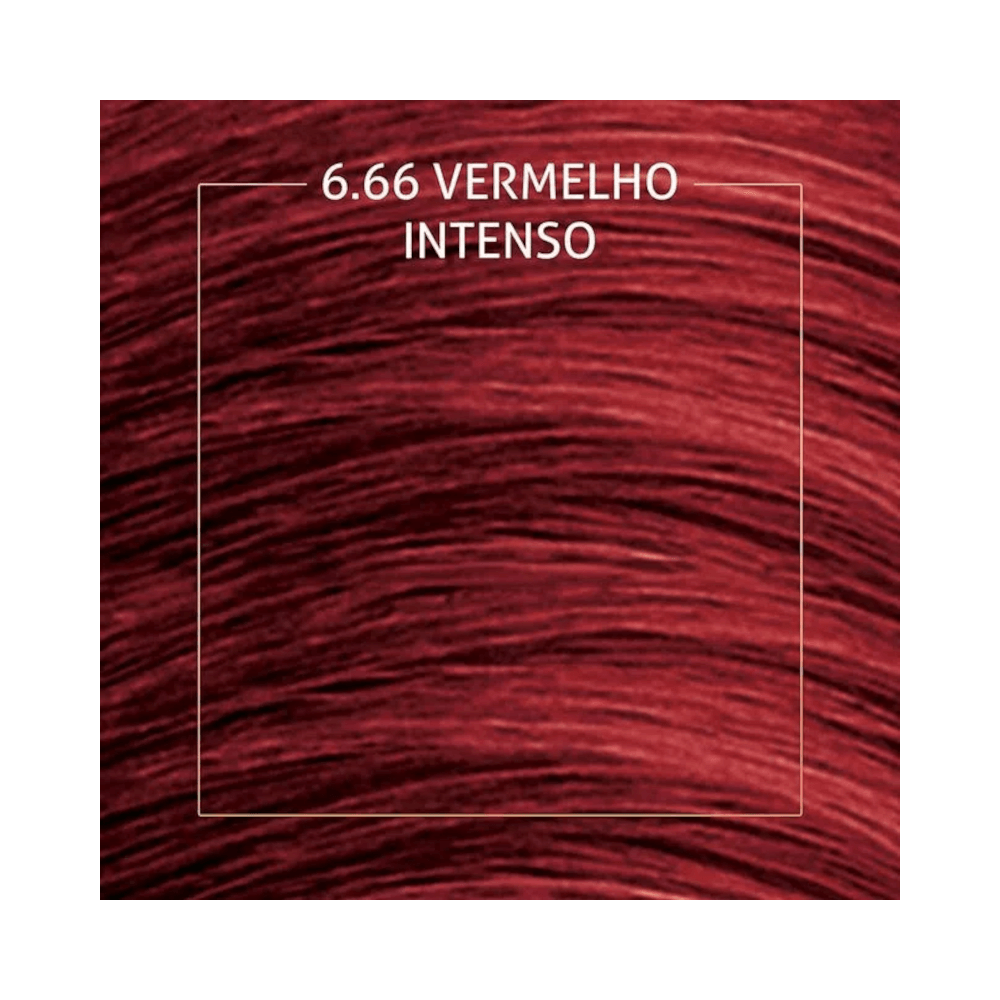 Close em mechas tingidas na tonalidade 6.66 Vermelho Intenso mostrando brilho e uniformidade