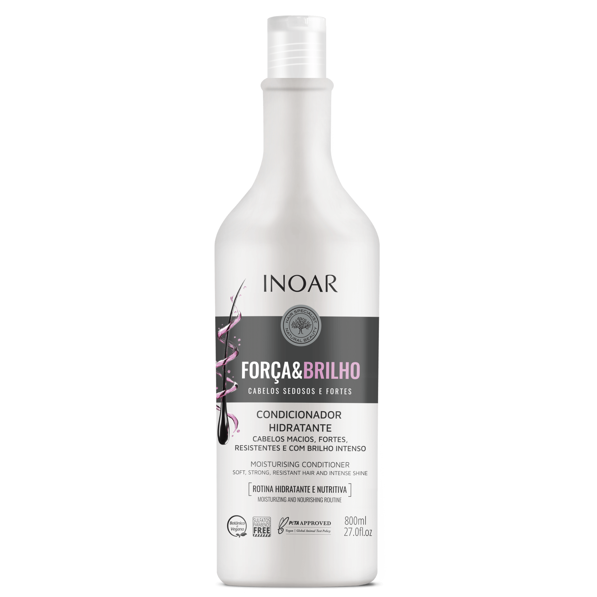 Kit Inoar Força & Brilho - condicionador 800ml e shampoo 1000ml, embalagem branca com detalhes rosa e cinza