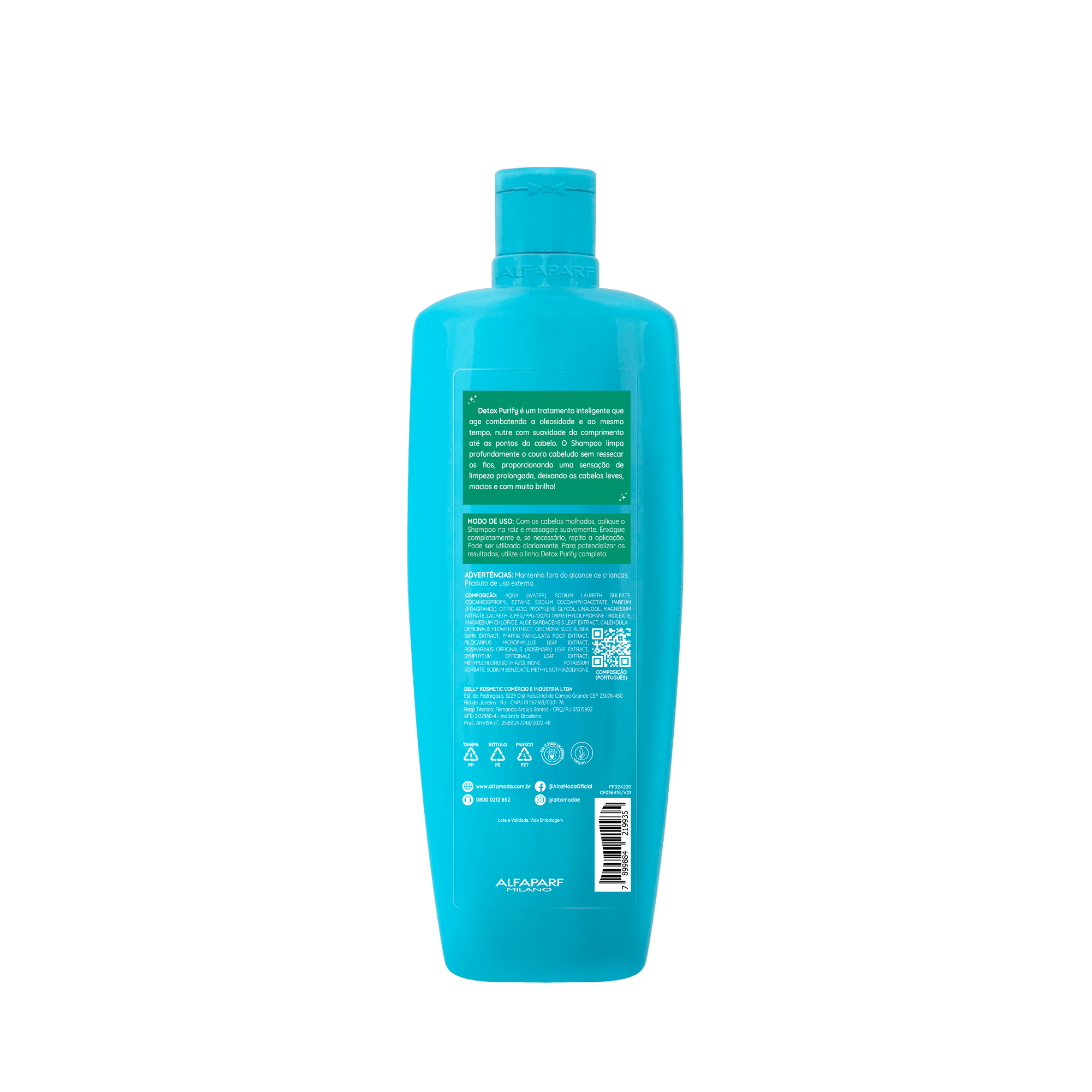 Verso do frasco do Shampoo Alta Moda Detox Purify com informações de uso e composição
