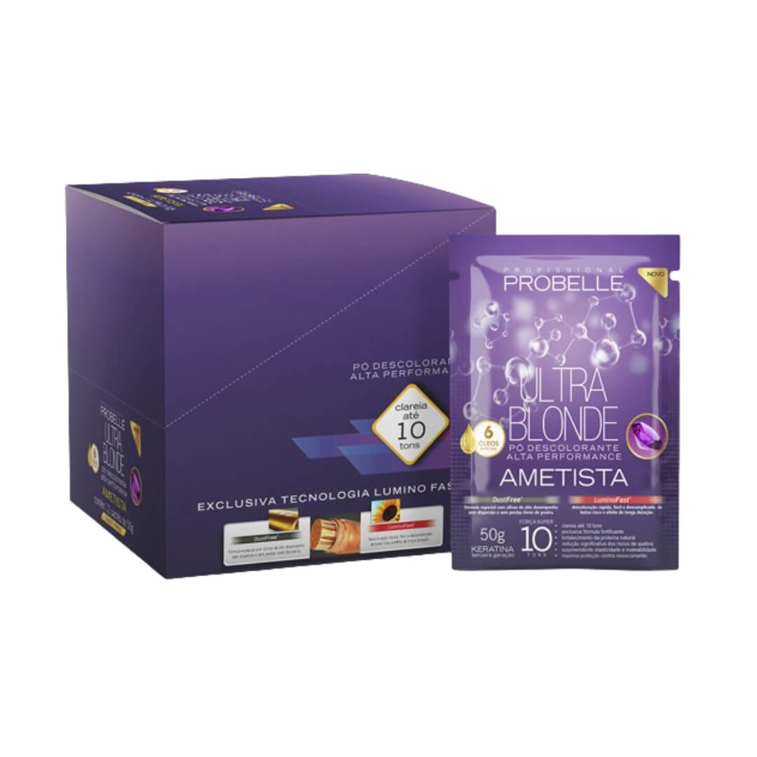 Pó Descolorante Probelle Ultra Blonde Ametista 50g embalagem roxa frontal