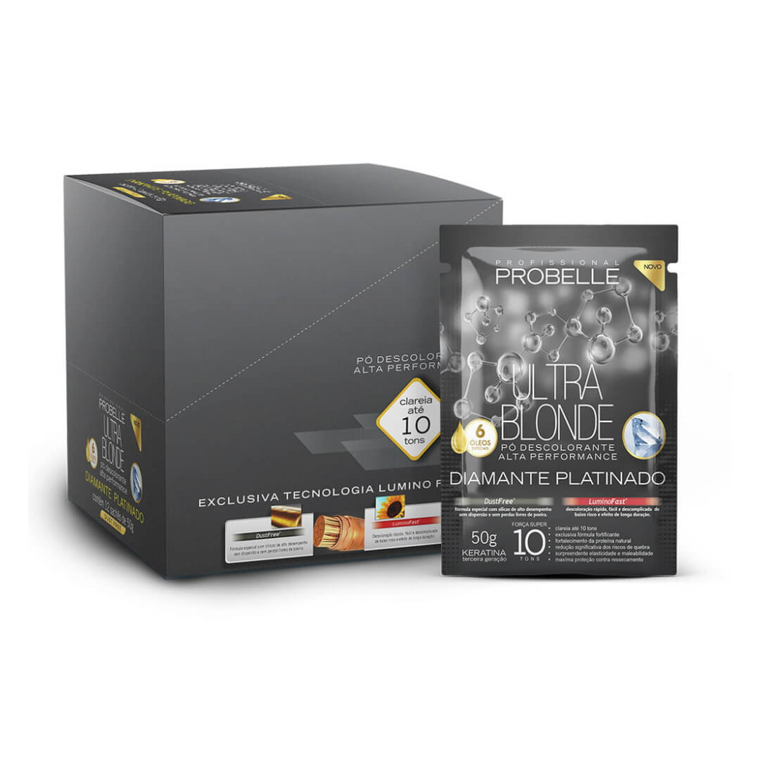 Pó Descolorante Probelle Diamante Platinado 50g - embalagem frontal cinza e sachê prateado