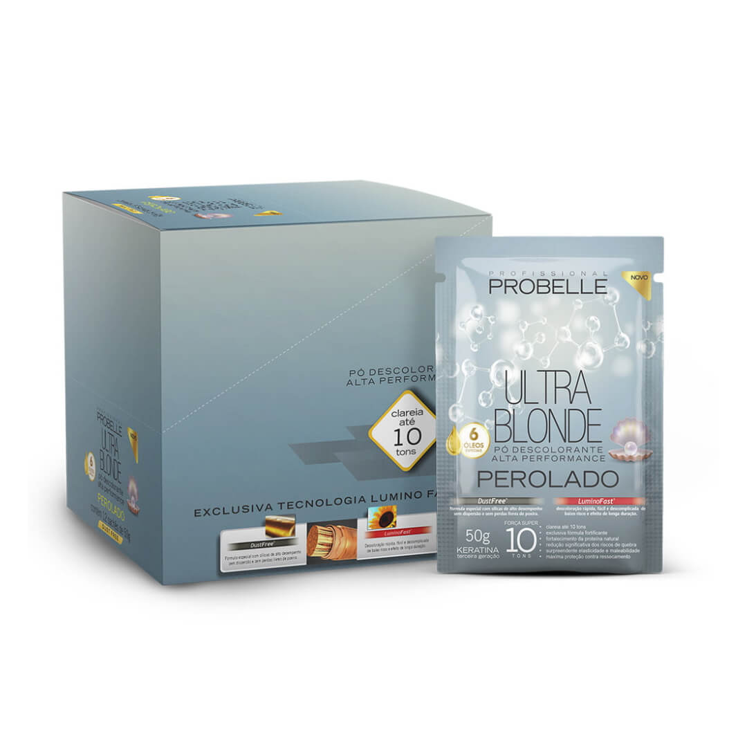 Pó Descolorante Probelle Ultra Blonde Perolado 50g - caixa e sachê em fundo branco