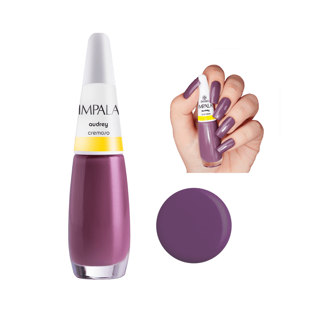 Esmalte Impala Cremoso Audrey em frasco e mão com unhas esmaltadas