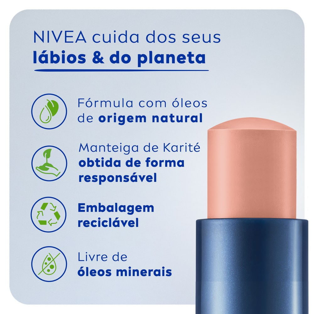Close do Protetor Labial Nivea Color Nude com destaque nos ingredientes naturais