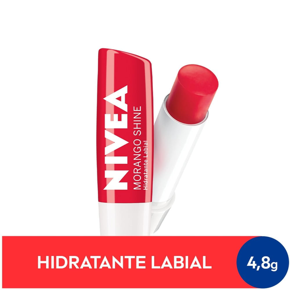 Hidratante Labial NIVEA Morango Shine bastão e embalagem