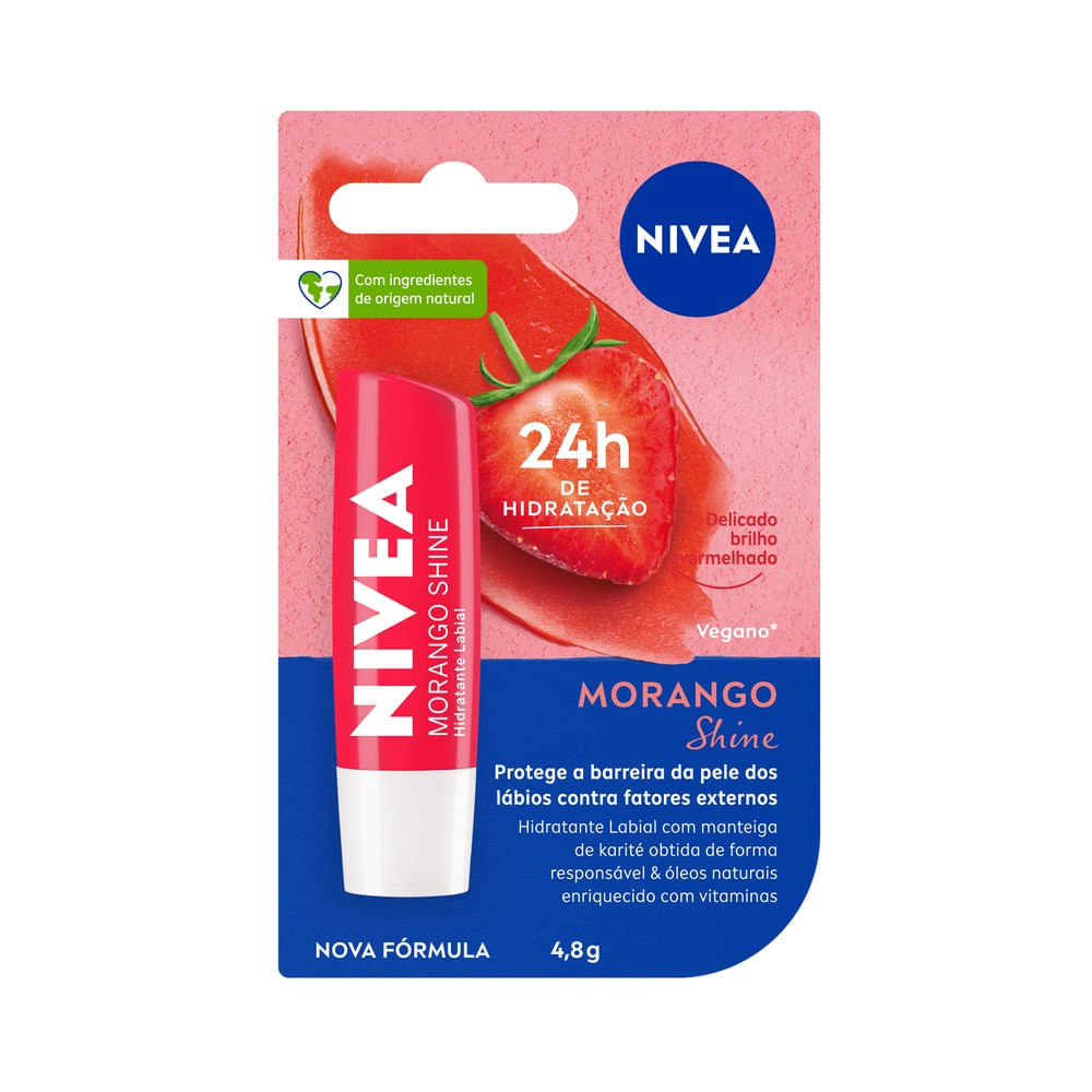 Embalagem frontal NIVEA Morango Shine destaque 24h