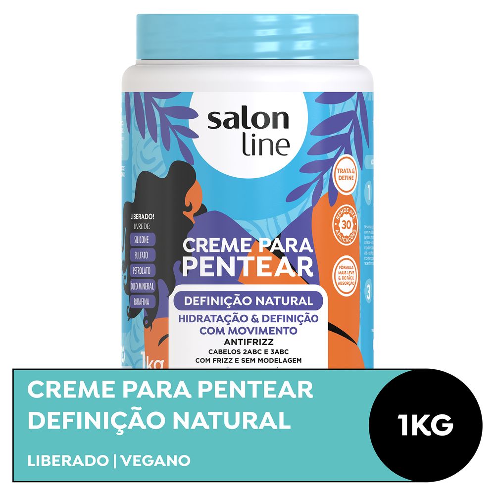 Frasco branco com tampa azul claro do creme para pentear Salon Line Definição Natural 1000g com rótulo azul e laranja
