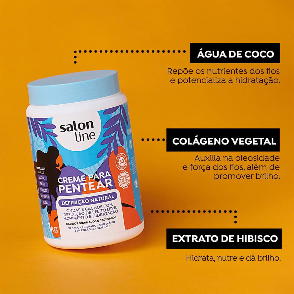 Imagem promocional destacando água de coco, colágeno vegetal e extrato de hibisco do Creme para Pentear Salon Line