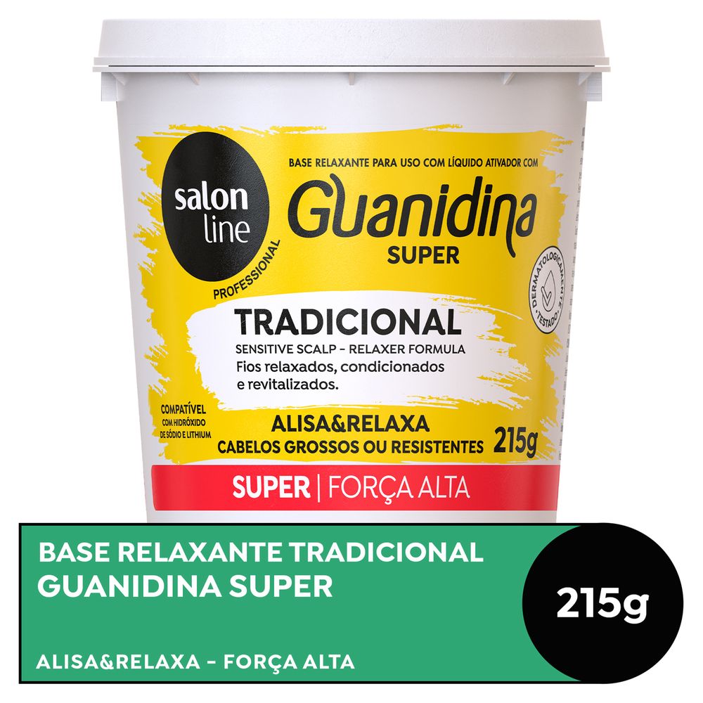 Pote Guanidina Tradicional Super Forte Salon Line 215g - embalagem branca com detalhes em amarelo e vermelho