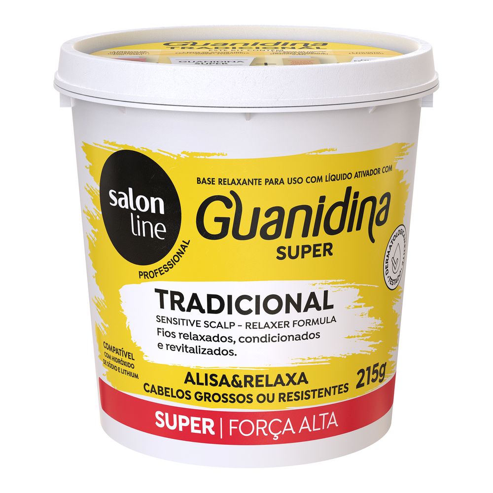 Pote fechado da Guanidina Tradicional Super Forte 215g Salon Line em fundo branco