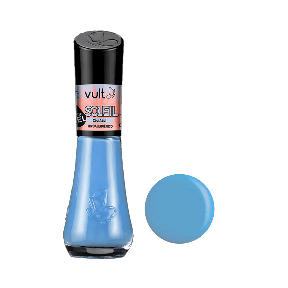 Frasco de esmalte Vult Coleção Soleil cor Azul Céu Azul em fundo preto