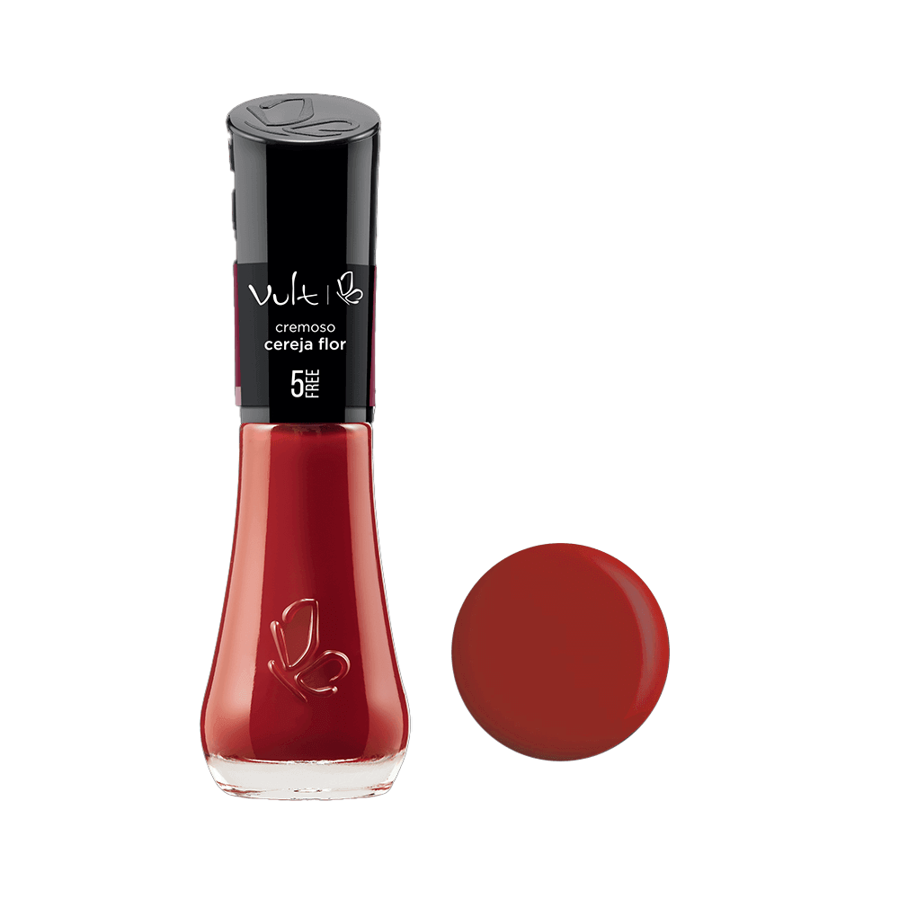 Esmalte Vult Cremoso 5Free Cereja Flor - frasco com esmalte vermelho e tampa preta