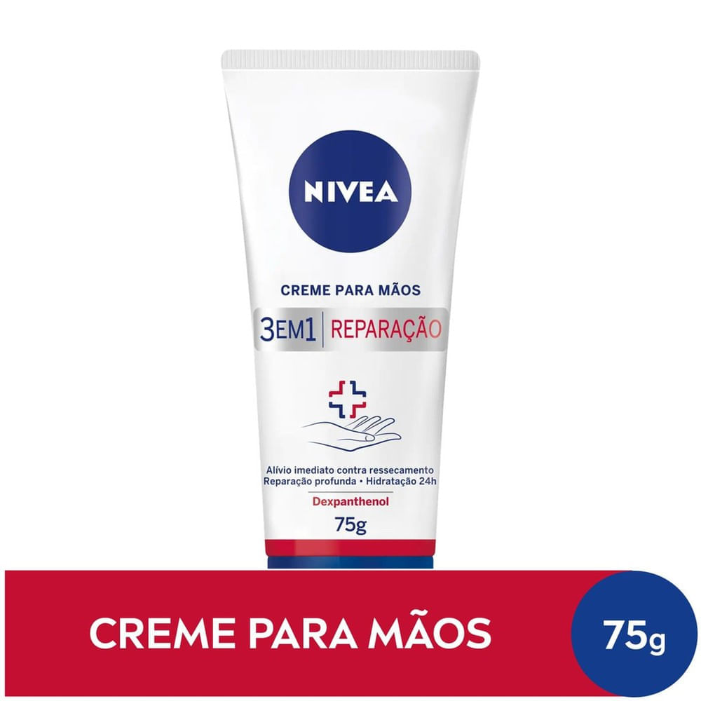 Creme para Mãos Nivea Reparação 3em1 75g em embalagem branca com tampa azul