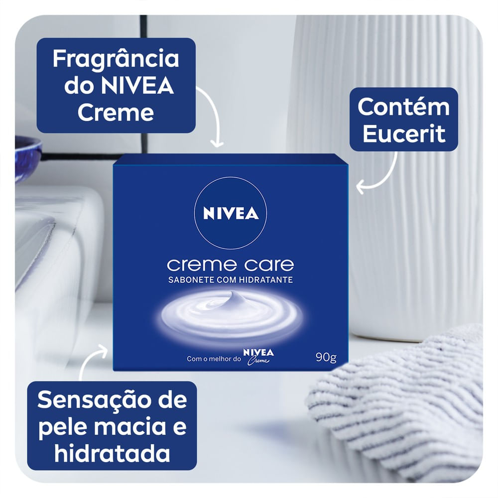 Sabonete Nivea Creme Care com destaques dos atributos em ambiente claro